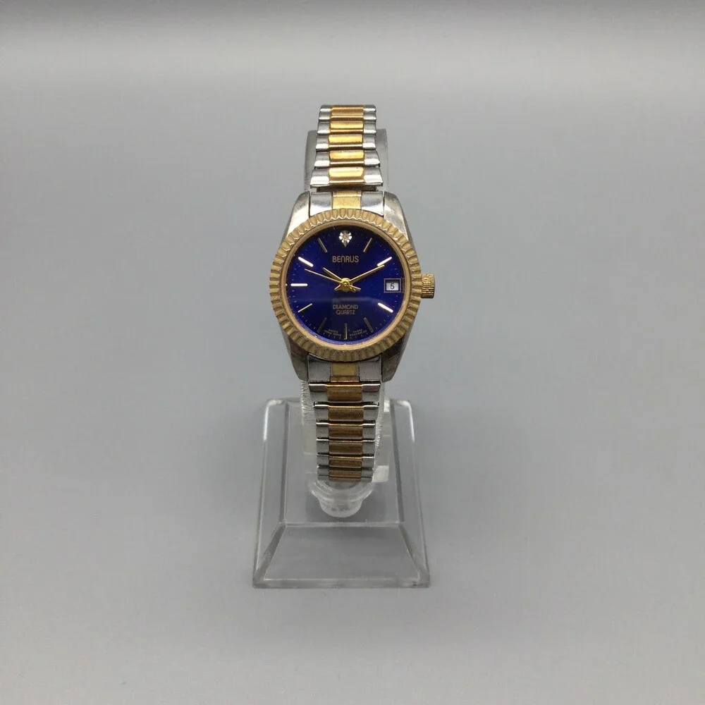 Benrus Womens Watch 24mm Blue Dial Two Tone Diamond Date Stretch New Battery